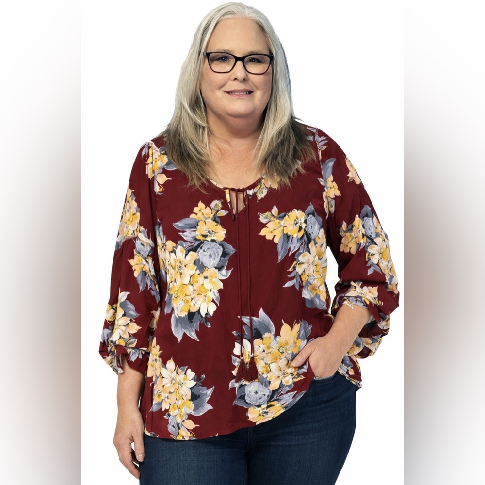 Unique Spectrum Burgundy Floral Blouse. New without tag.